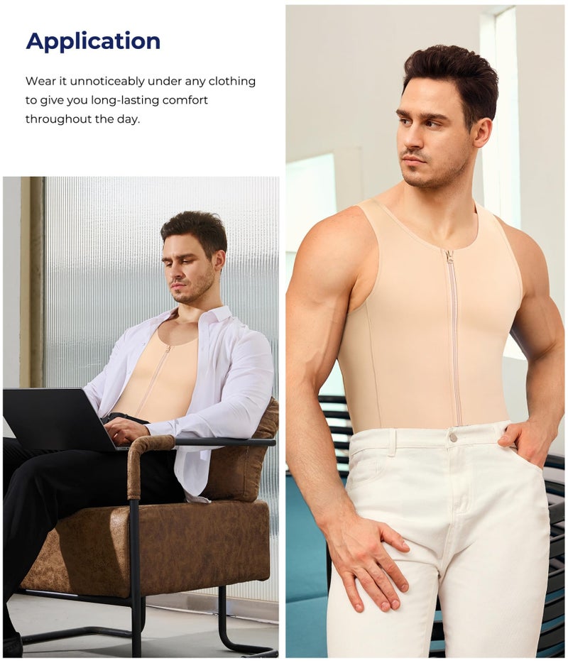 TAILONG Men Compression Shirt For Body Slimming Tank Top shaper Tight Undershirt Tummy Control Girdle (Large, Beige) - Image 4